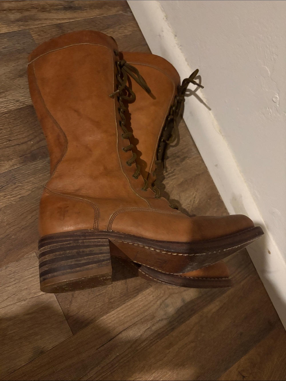 Frye Tall Lace-Up Leather Boots in Cognac Brown - Picture 14 of 17